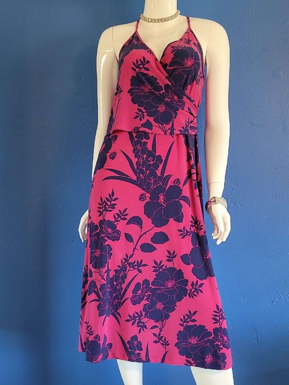 NWT Tori Richard Three Cheers Orchid Pink & Blue Floral Midi Wrap Dress
